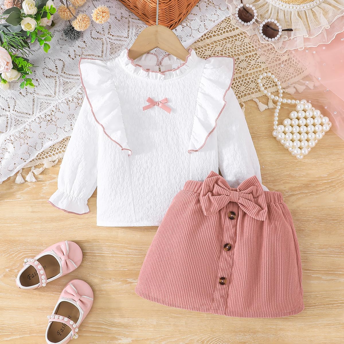 Thumbnail 1 de QUNERY Toddler Girl Clothes: Long Sleeve Ruffled Top & Mini Skirt Set