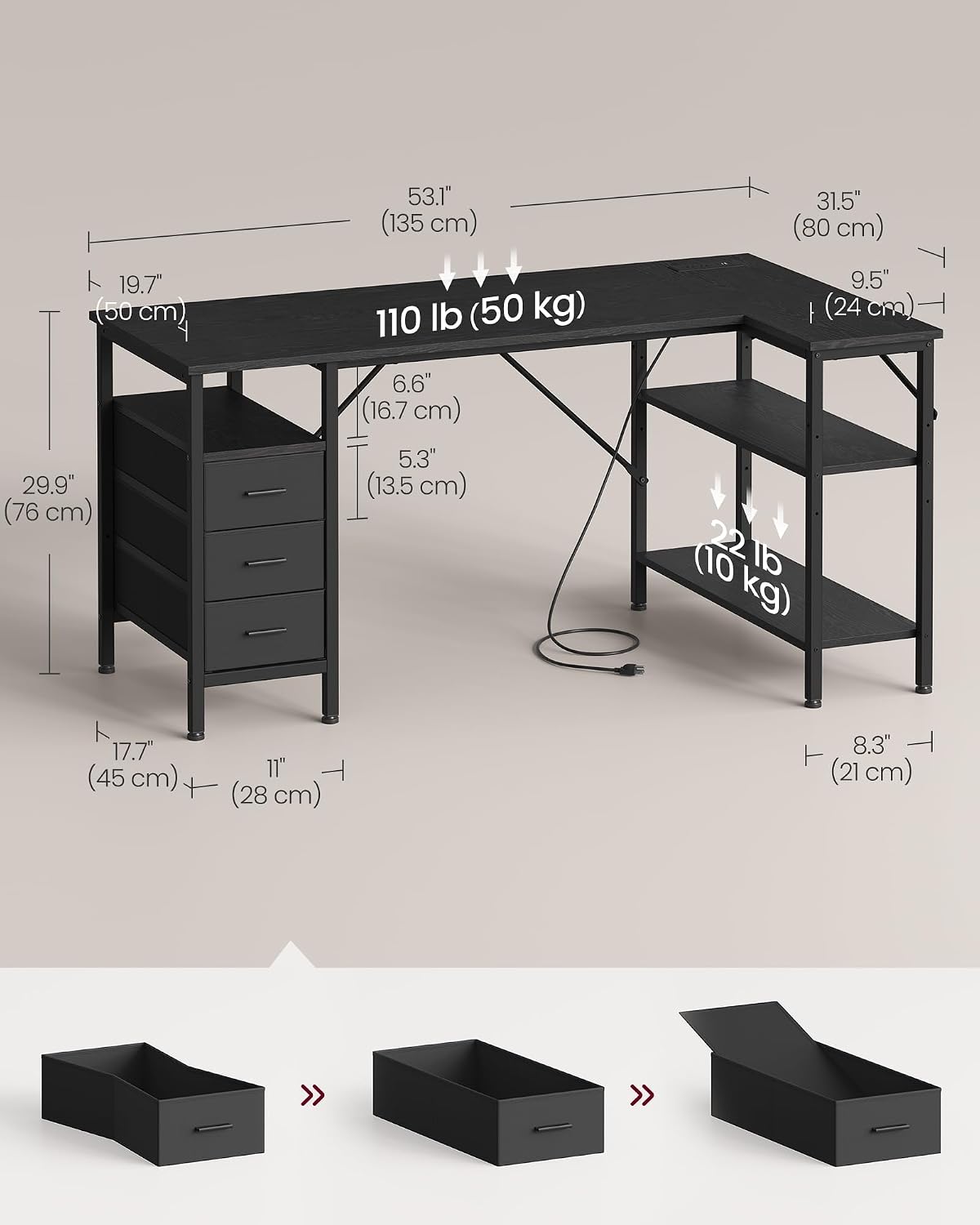 Detalle 2 de VASAGLE ULWD184B101S L-Shaped Desk with Drawers, Shelves, and Power Ports