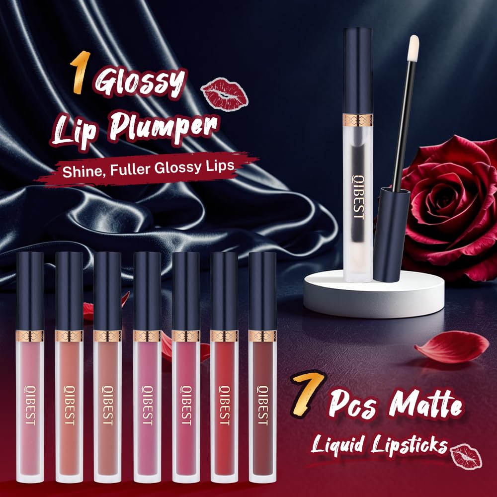 Detalle 2 de QiBest 8-Piece Matte Liquid Lipstick + Lip Plumper Set (7 Matte Shades + 1 Plumper)