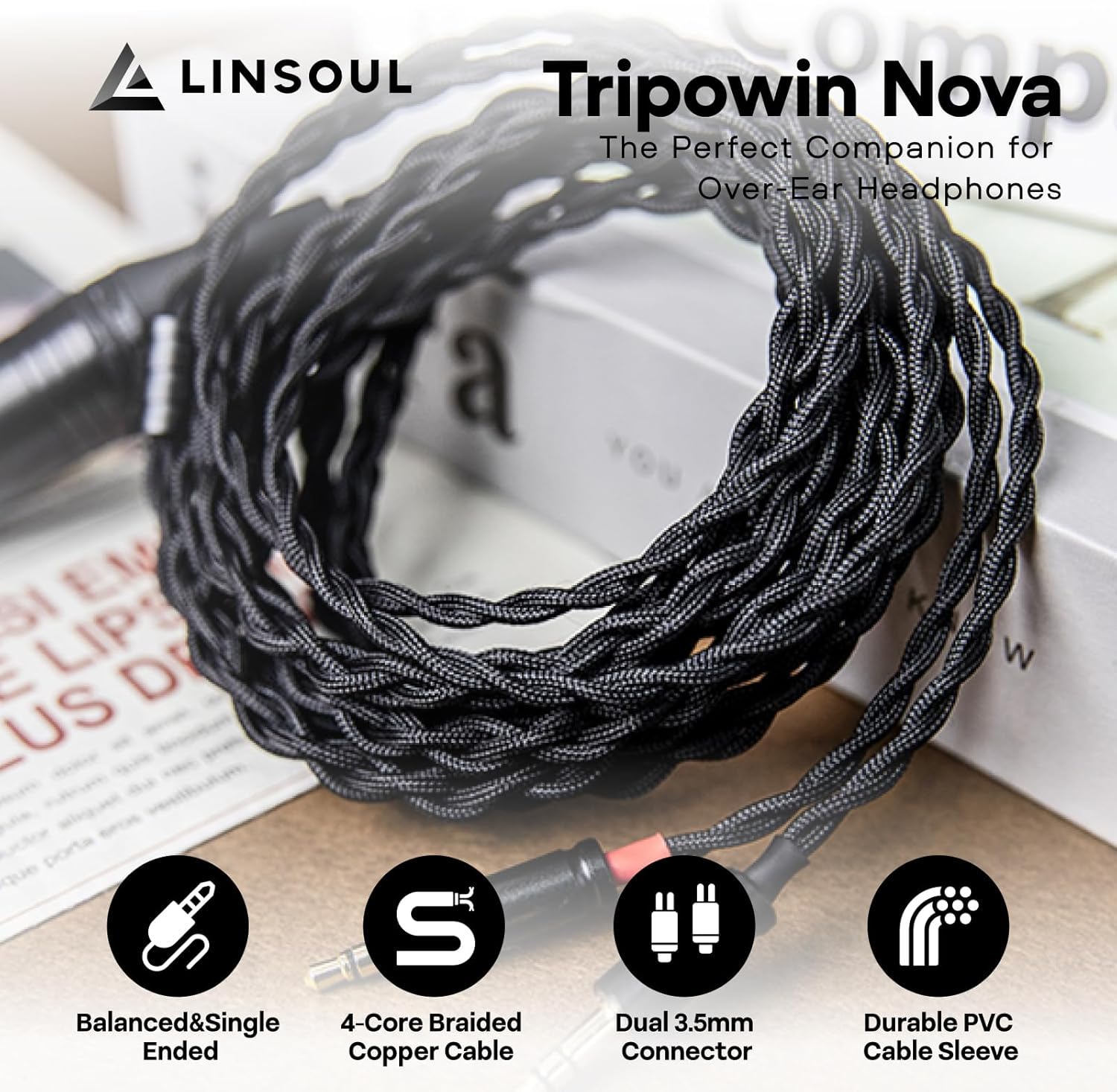 Thumbnail 1 de Linsoul Tripowin Nova Fil – câble hybride 4 brins argenté OCC pour casques sur-auriculaires, 2 m, connexion 3,5 mm vers 4,4 mm/XLR