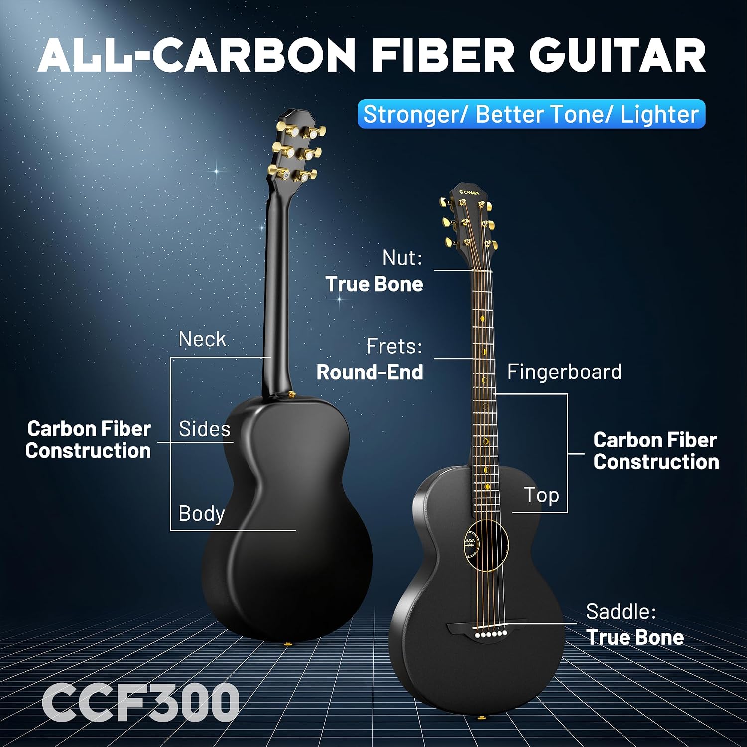 Detalle 2 de CAHAYA US-CCF300 Carbon Fiber Acoustic Guitar, 38-Inch OM Body, Low Action