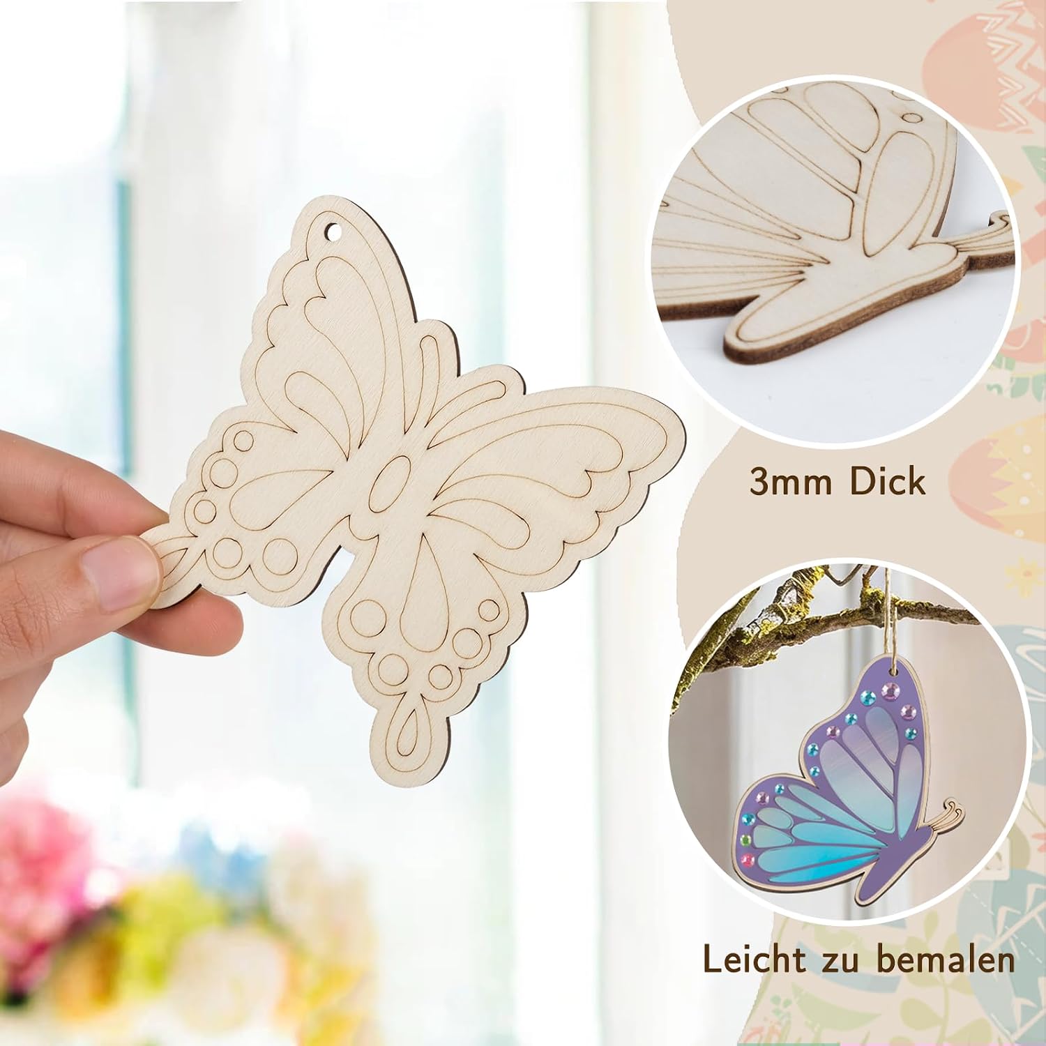 Thumbnail 2 de ARTREE Kinder Bastelset Ostern Schmetterlinge zum Bemalen – 24 Holz-Anhänger DIY-Set