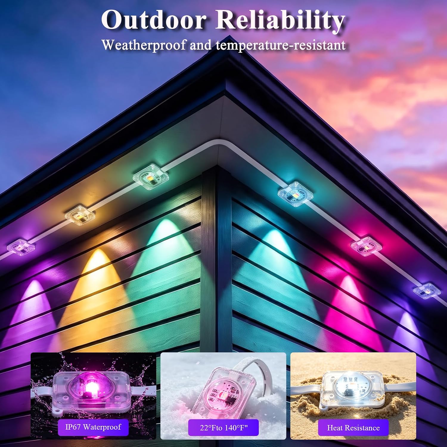 Detalle 2 de JNUNUSE 200FT Permanent Outdoor LED Lights, RGB+IC, IP65, App & Remote Control