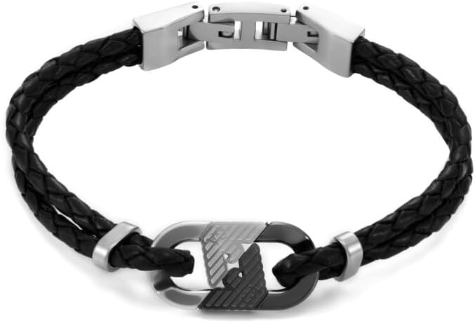 Thumbnail 6 de Emporio Armani bracciale da uomo in acciaio e pelle blu con chiusura a maglie