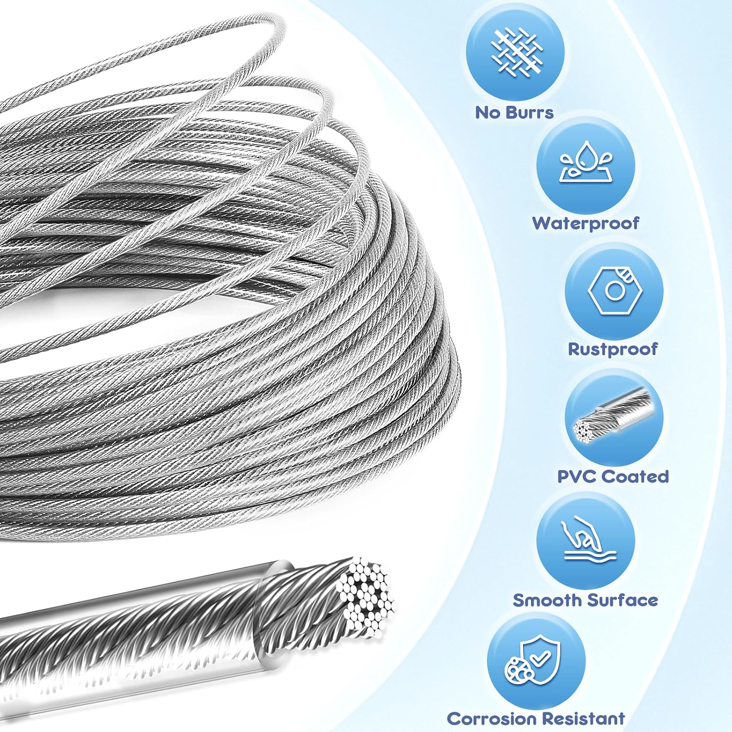 Detalle de Bridokit 3mm PVC Coated Stainless Steel Wire Rope Kit – 30m with 20 Aluminum Crimping Loops and 10 Steel Thimbles