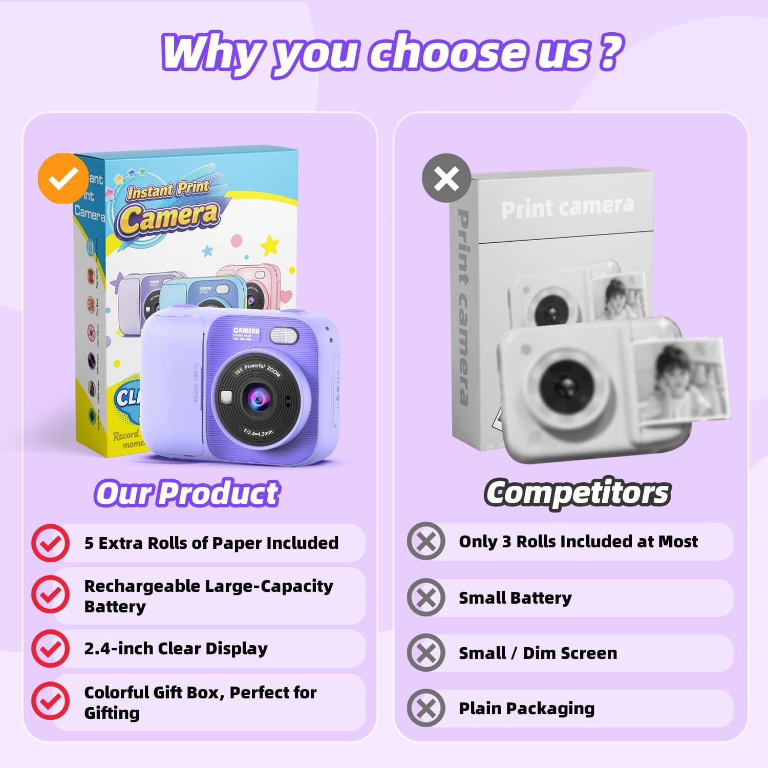 Thumbnail 1 de HOOMOON P97 Kids Instant Print Camera, 1080p Video, 5 Paper Rolls, Purple
