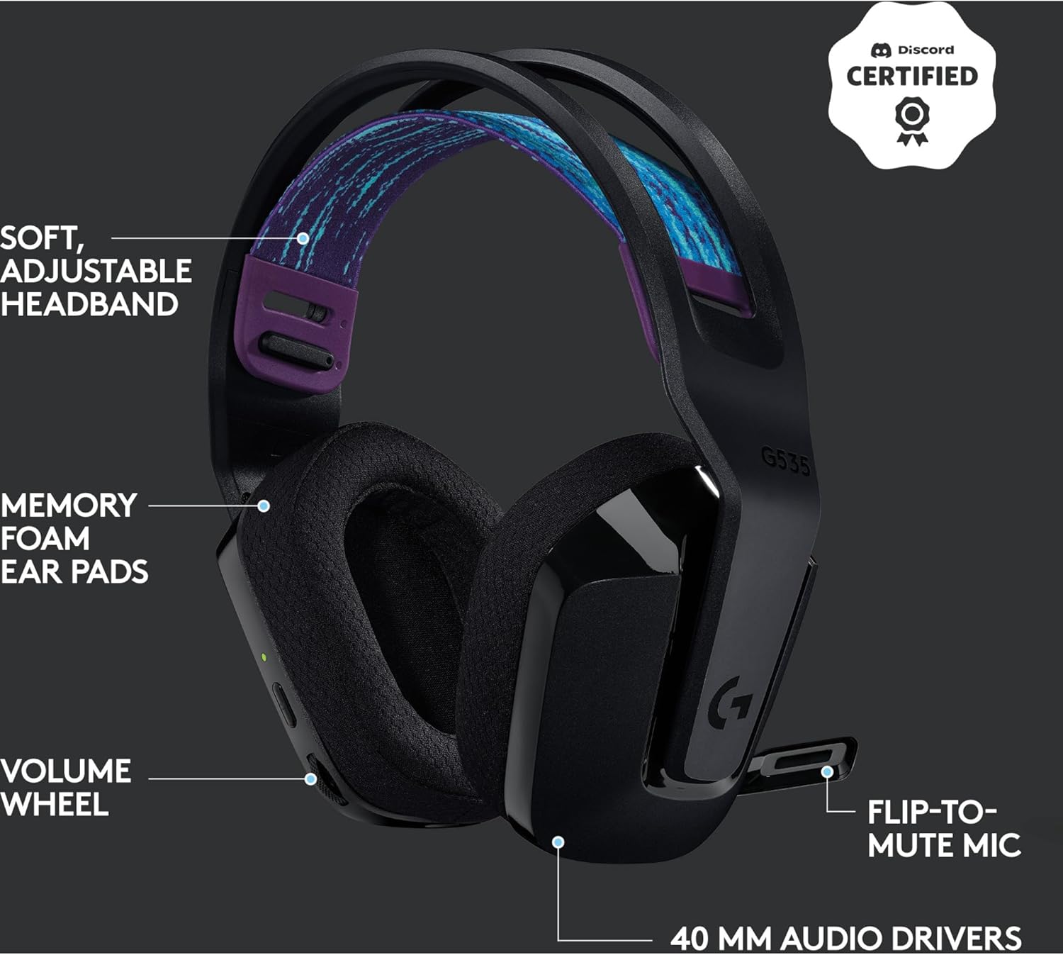 Thumbnail 5 de Logitech G535 LIGHTSPEED Wireless Gaming Headset (black) – lightweight on-ear, flip-to-mute mic