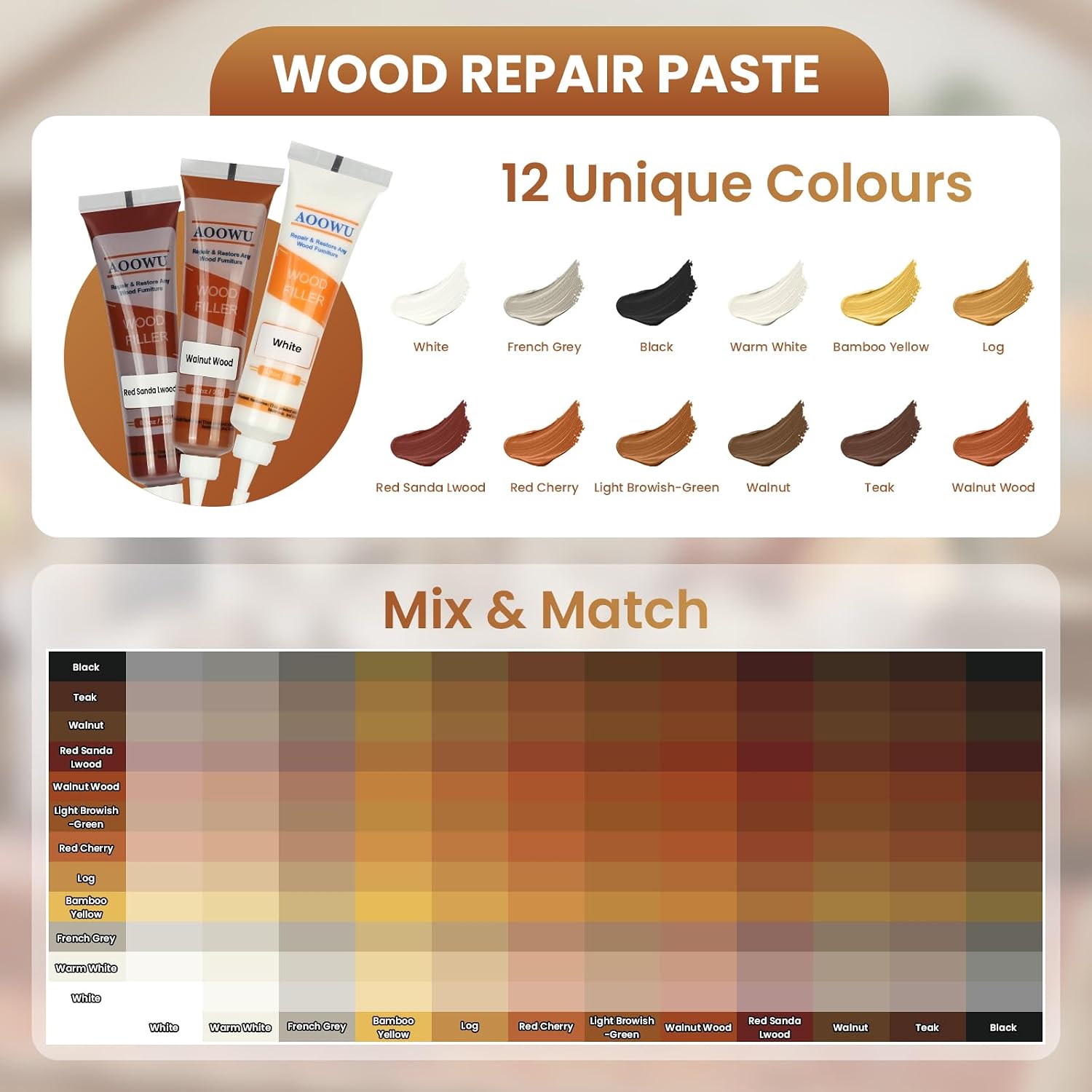Detalle de AOOWU 4649930 Wood Repair Kit, 12 Colours for Floors and Furniture