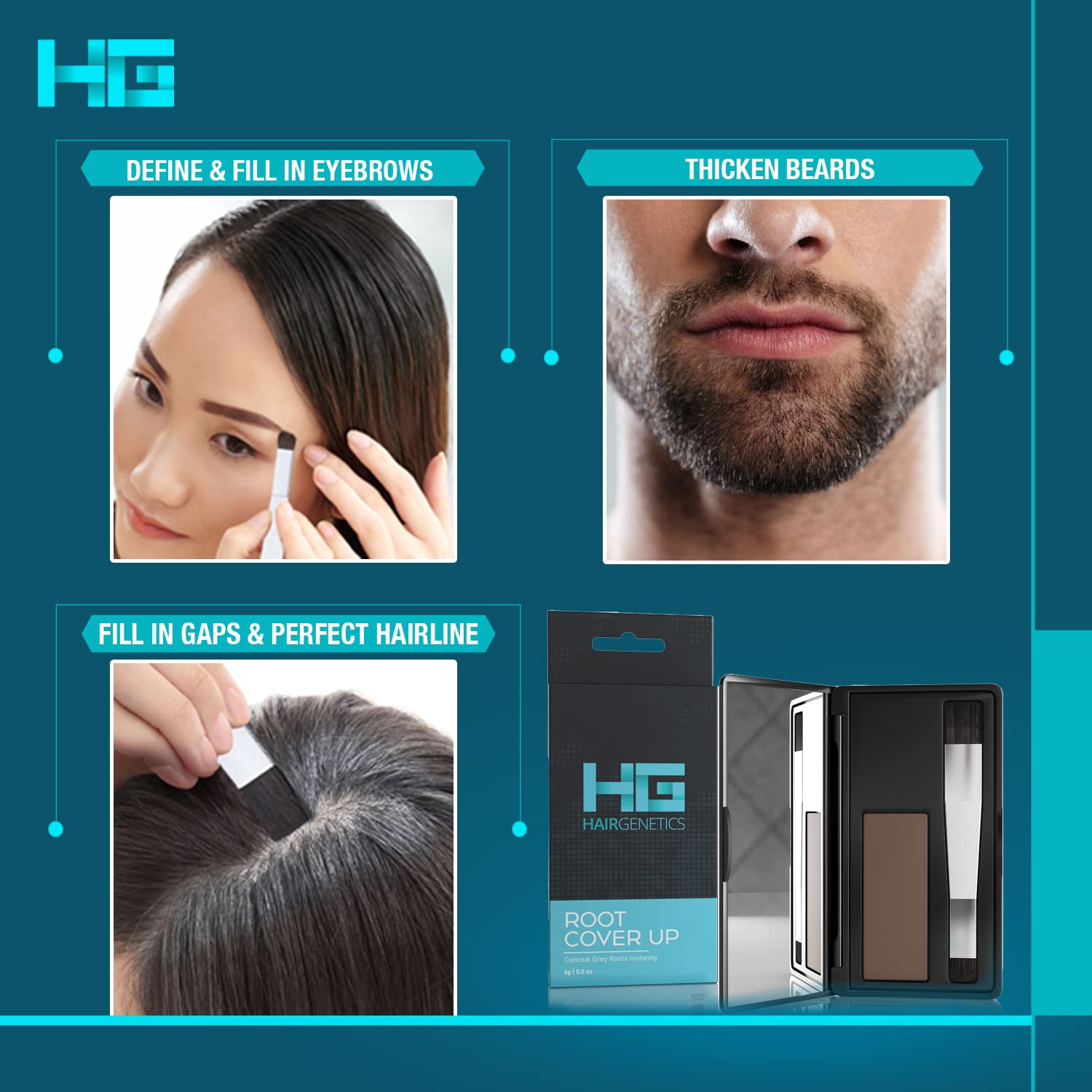 Detalle de Hair Genetics Ansatzpuder – Graue Haare Abdecken, Dunkelbraun/Schwarz, inkl. Spiegel
