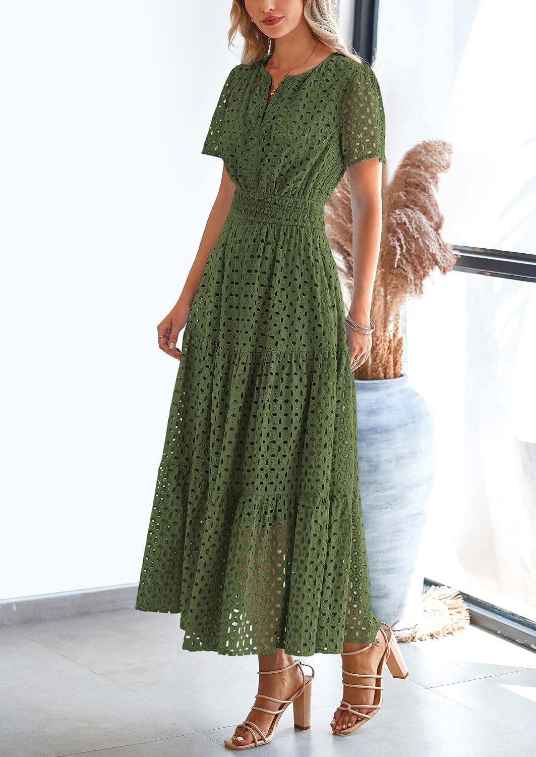 Detalle de PrettyGarden Women's 2026 Summer Maxi Dress with Eyelet — V-Neck A-Line Long Beach Dress