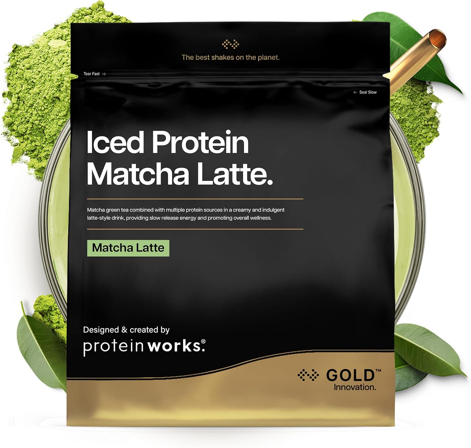 Detalle de Protein Works Iced Protein Matcha Latte – Gold Innovation, poudre protéinée au thé vert matcha (33 portions, 1 kg)