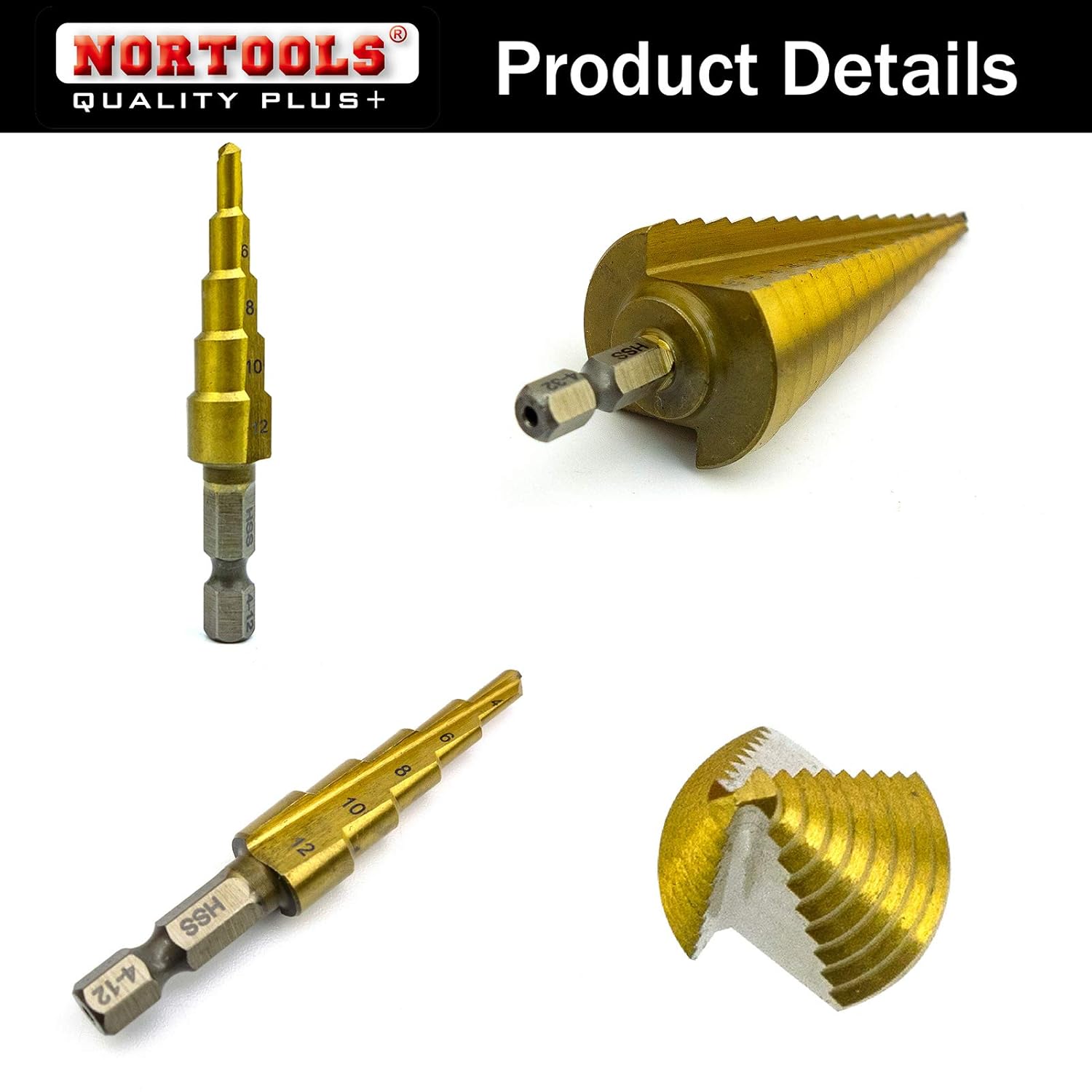 Thumbnail 4 de NORTOOLS Stufenbohrer-Set, 2 Stück – Hochgeschwindigkeits-Stahl, TiN-beschichtet, 1/4-Zoll-Schaft