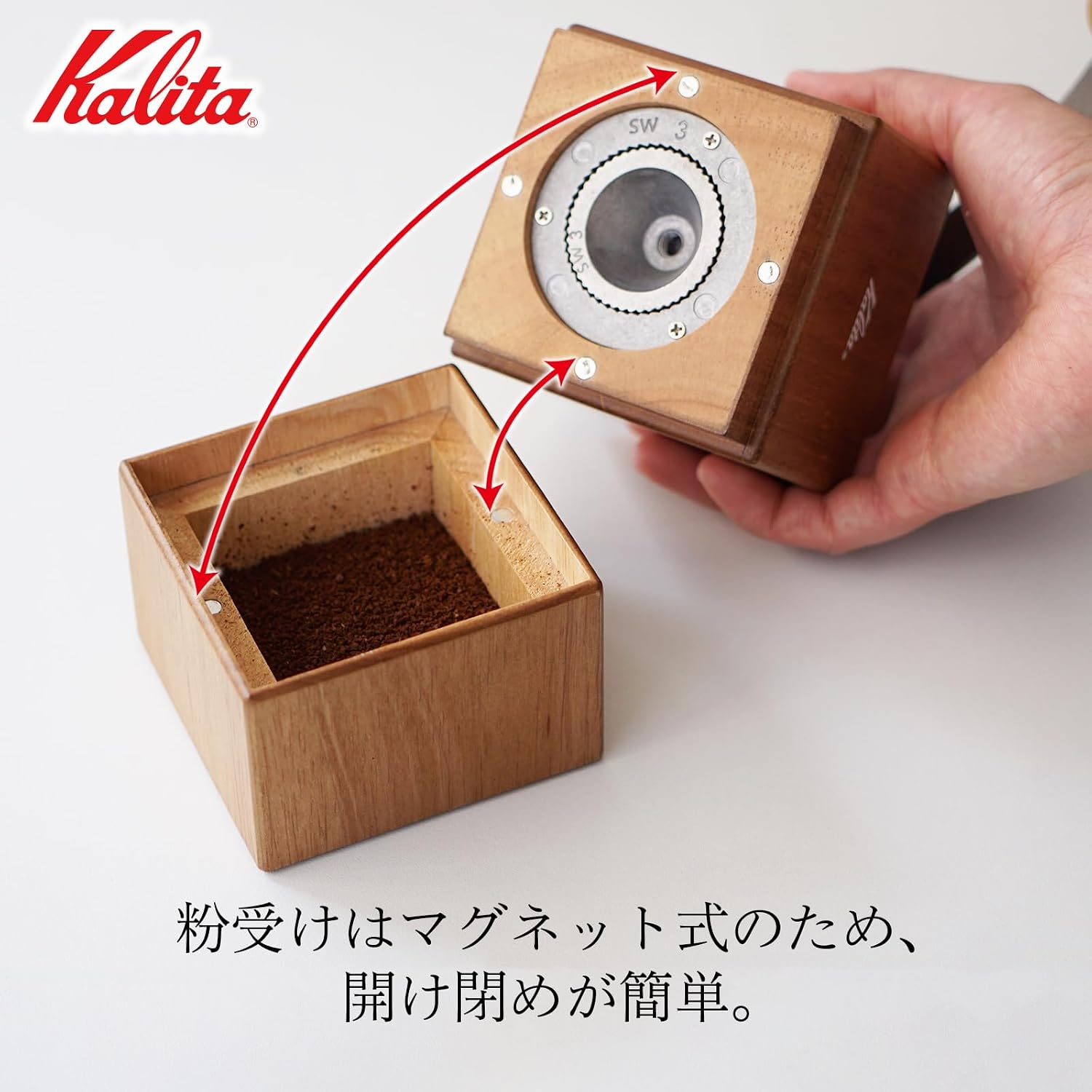 Detalle de カリタ 442112 キュービックミル 木製手挽きコーヒーミル アルミ製グラインダー 粗さ調整可 ブラウン