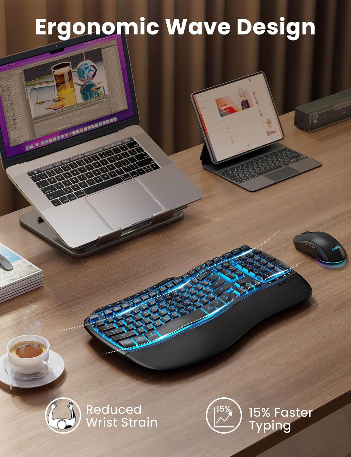 Detalle 2 de SABLUTE Ergonomic Wireless Keyboard and Mouse 4000mAh ⌨