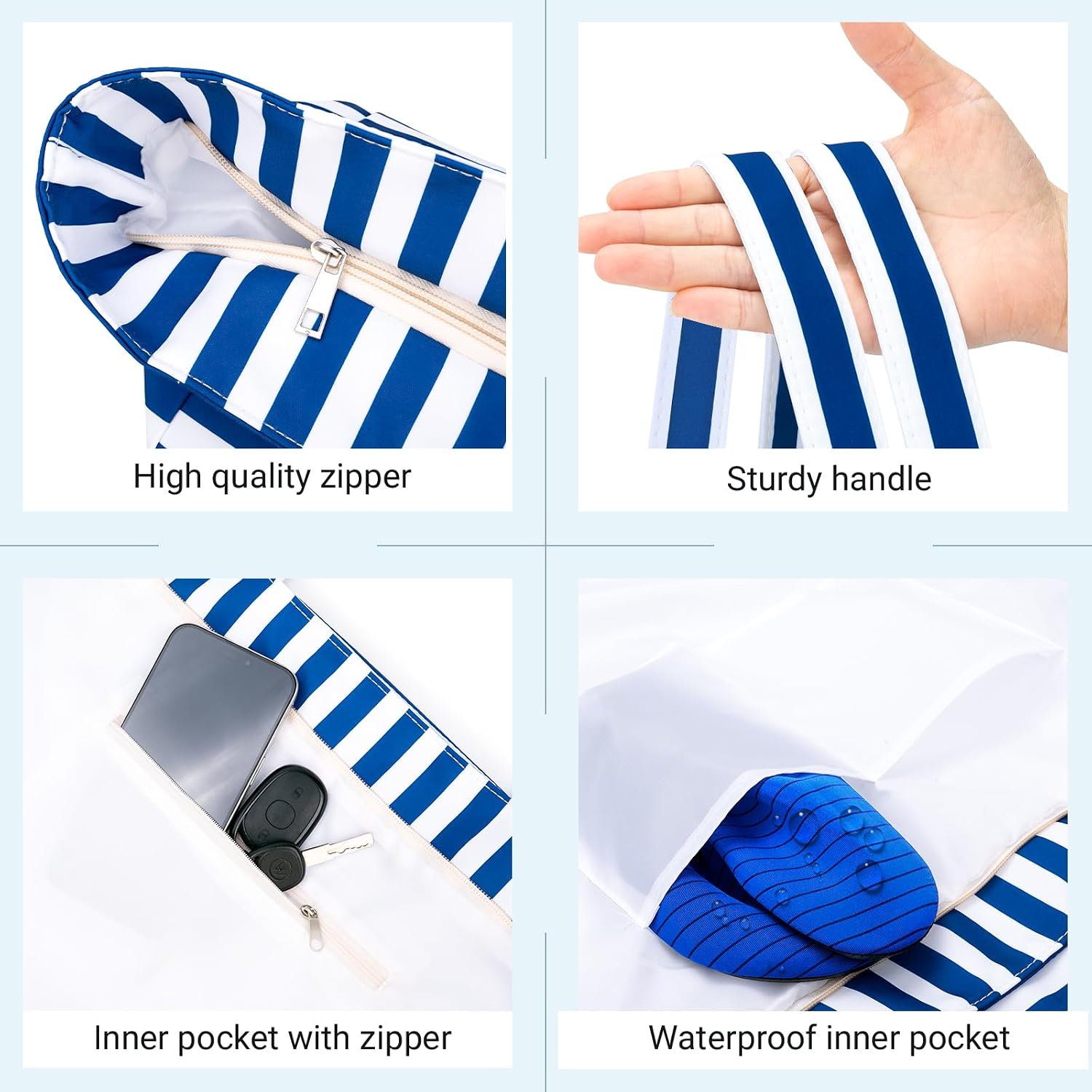 Thumbnail 3 de benpen Large Beach Bag for Women (Waterproof, Zip Top) with 8 Pockets — blue strip