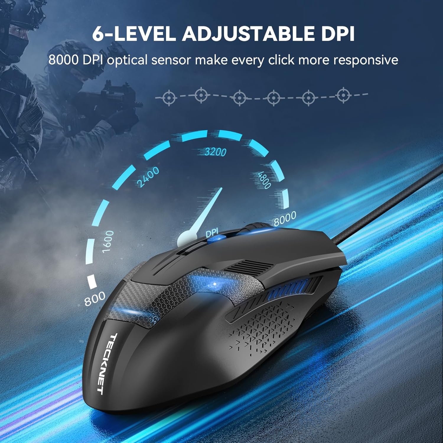Thumbnail 1 de TECKNET Wired Gaming Mouse with 8000 DPI Optical Sensor, 6 Programmable Buttons & Chroma RGB (Black)