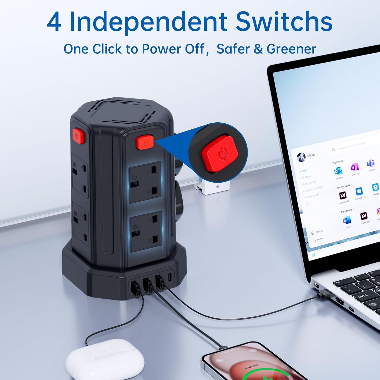 Thumbnail 3 de Tower Extension Lead 3M: 8 AC outlets, 4 USB ports with surge protection