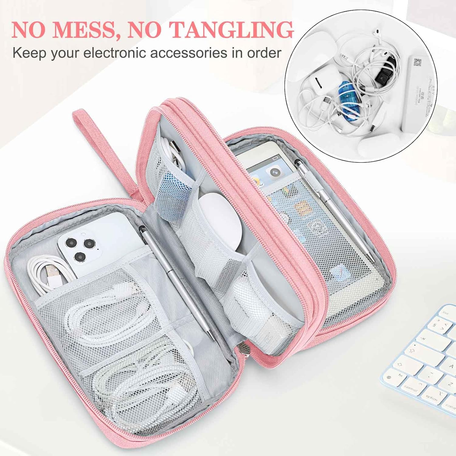 Detalle de FYY Travel Cable Organiser 2-Layer Waterproof Electronics Storage Pouch (L-Pink)