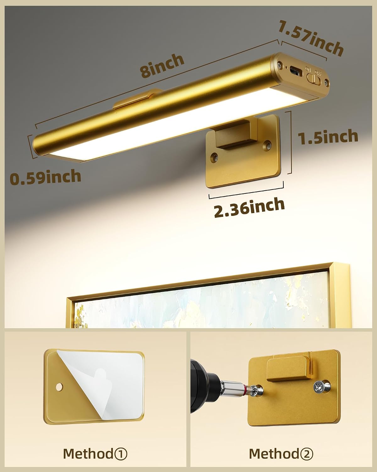 Detalle de EZVALO PL01 Picture Lights, 3-Pack, 7.8-Inch Gold Rechargeable LED Wall Lights