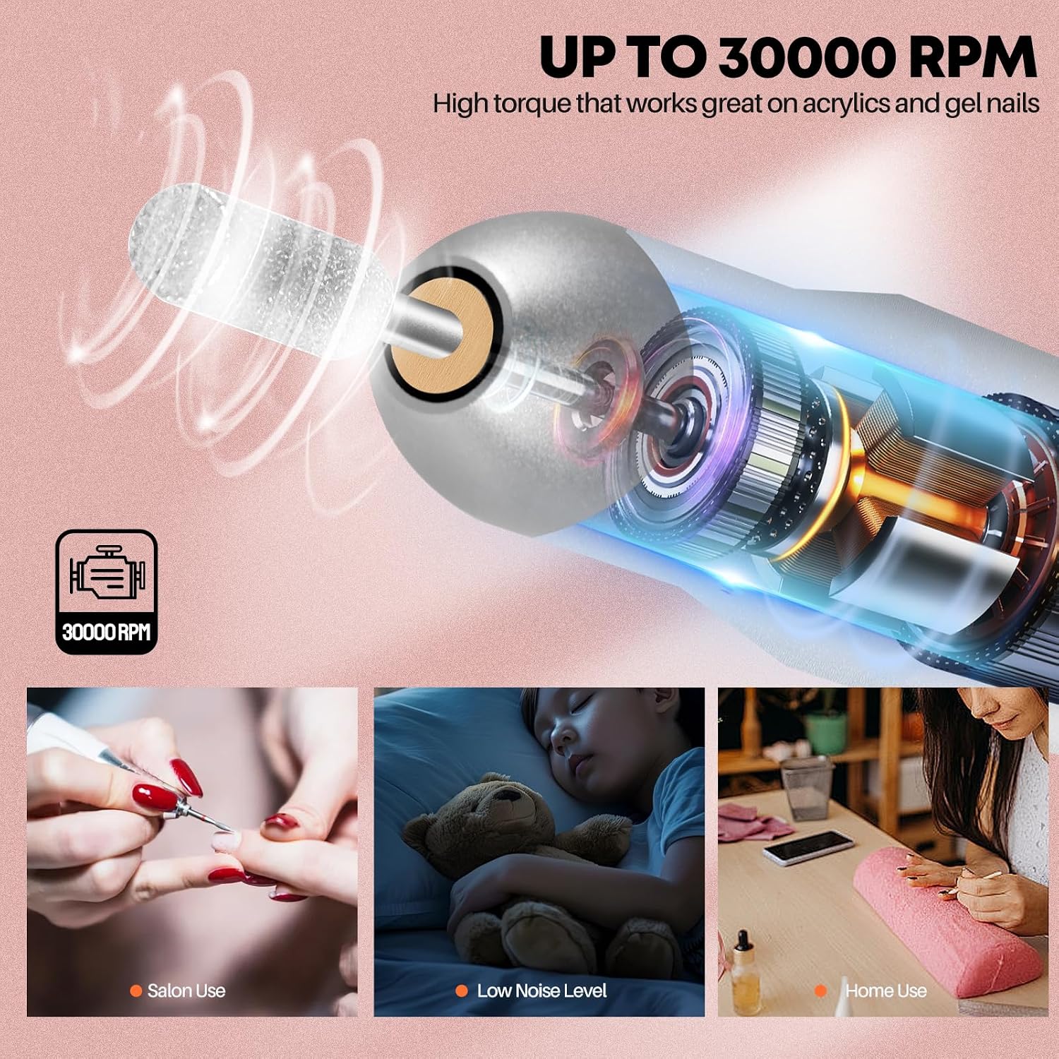Detalle de Droyek Portable Electric Nail Drill Kit (30,000 RPM) with 13 Drill Bits & 50 Sanding Bands for Acrylic, Gel, and Extensions