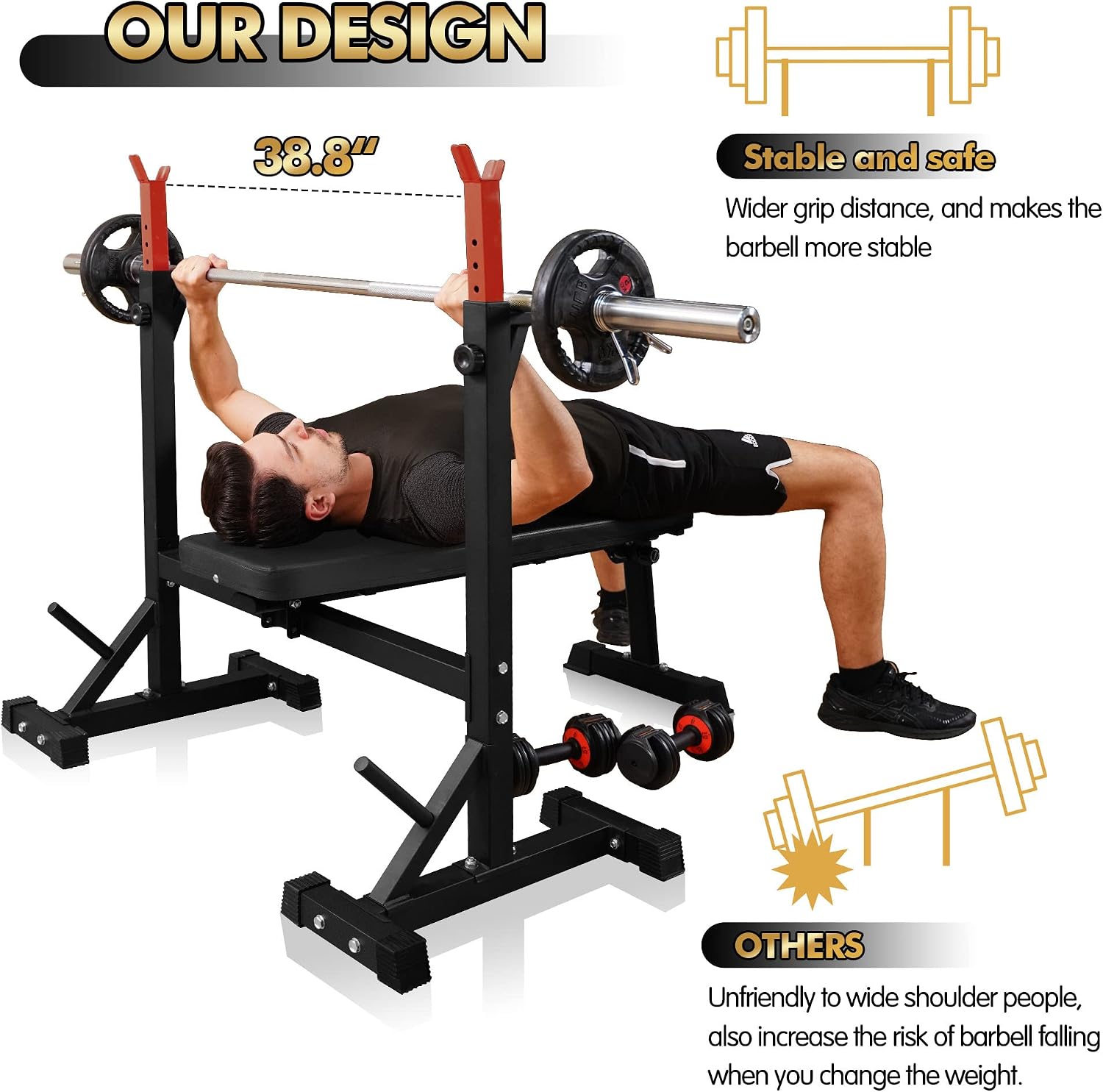Detalle de CANPA Olympic Weight Bench with Adjustable Squat Rack, Foldable Red Frame