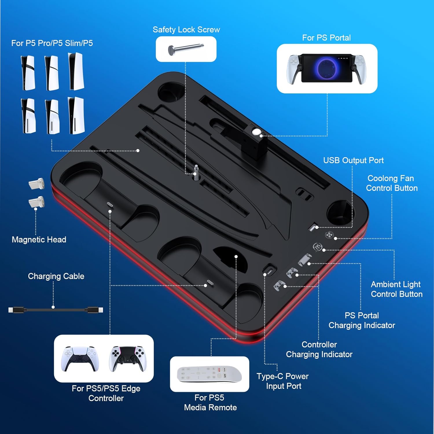 Detalle 2 de FYOUNG All in One Cooling Stand & Charger Station for PS5 / Portal & Controller