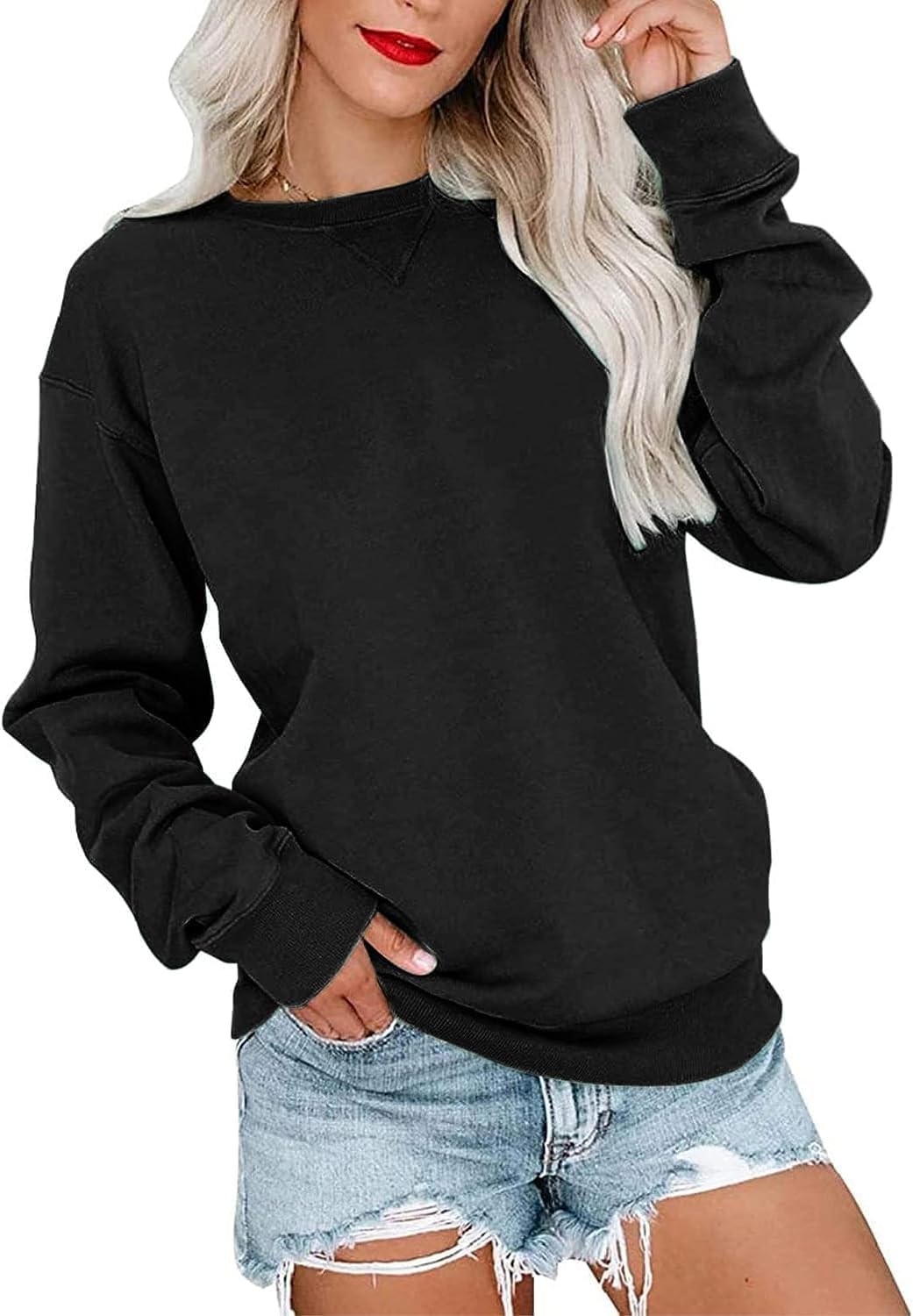 Thumbnail 6 de VIGVAN Damen Sweatshirt Pullover Basic mit Rundhalsausschnitt – Langarmshirt im Herbst-/Winter-Look