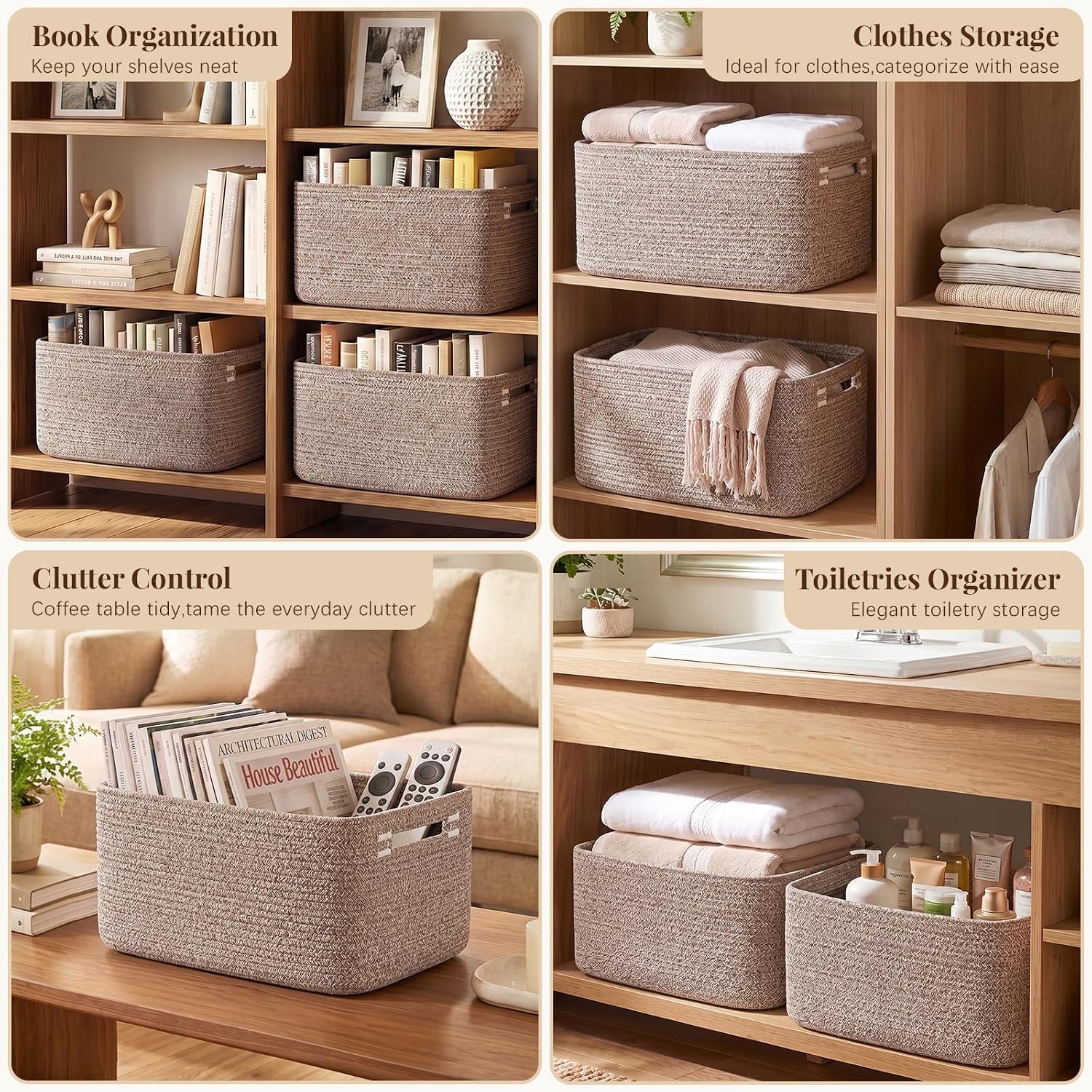 Detalle de OIASKET SLB-C-C-05 Cotton Rope Storage Baskets, 4-Pack, Linen Brown