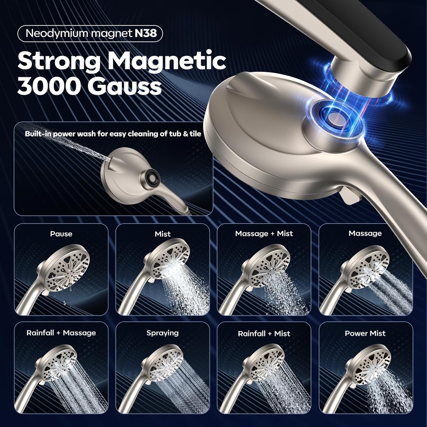Thumbnail 2 de Magnetic Dual Rain Shower Head Combo with Handheld High-Pressure Sprayer, Adjustable Angle Stand Dock & 12-Inch Square Rain Head