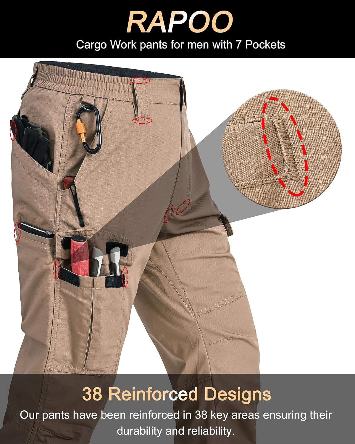 Detalle 2 de Men’s Cargo Pants Ripstop Water-Resistant Breathable Tactical Hiking Pants with 7 Pockets