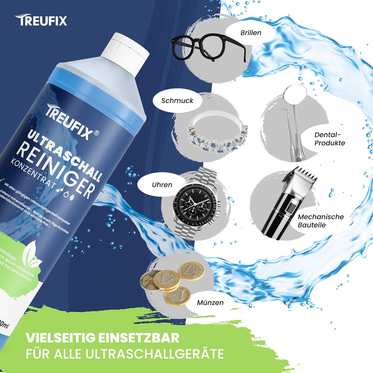 Detalle de Treufix Ultraschallreiniger Konzentrat 1L – maximal saubere Brillen, Schmuck und mehr