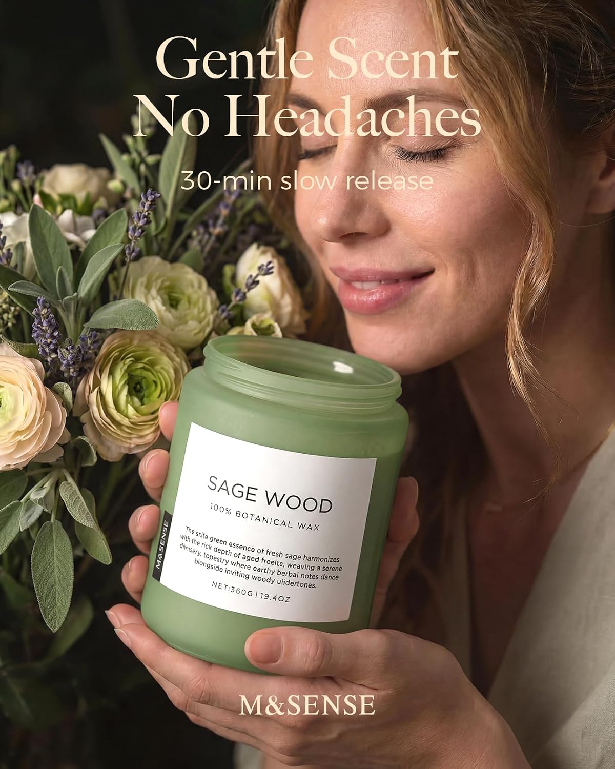 Detalle de M&SENSE Sage Wood Scented Candles for Home — 19.4oz All Natural Soy Wax, 110 Hours