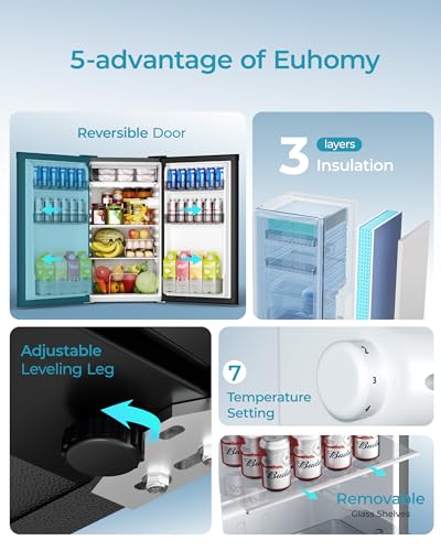 Thumbnail 3 de EUHOMY 93L Under Counter Fridge Freezer: Ultra‑Quiet, 7‑Stage Thermostat, 38dB, 82L Fridge + 8L Freezer for Dorms, Offices and Bedrooms