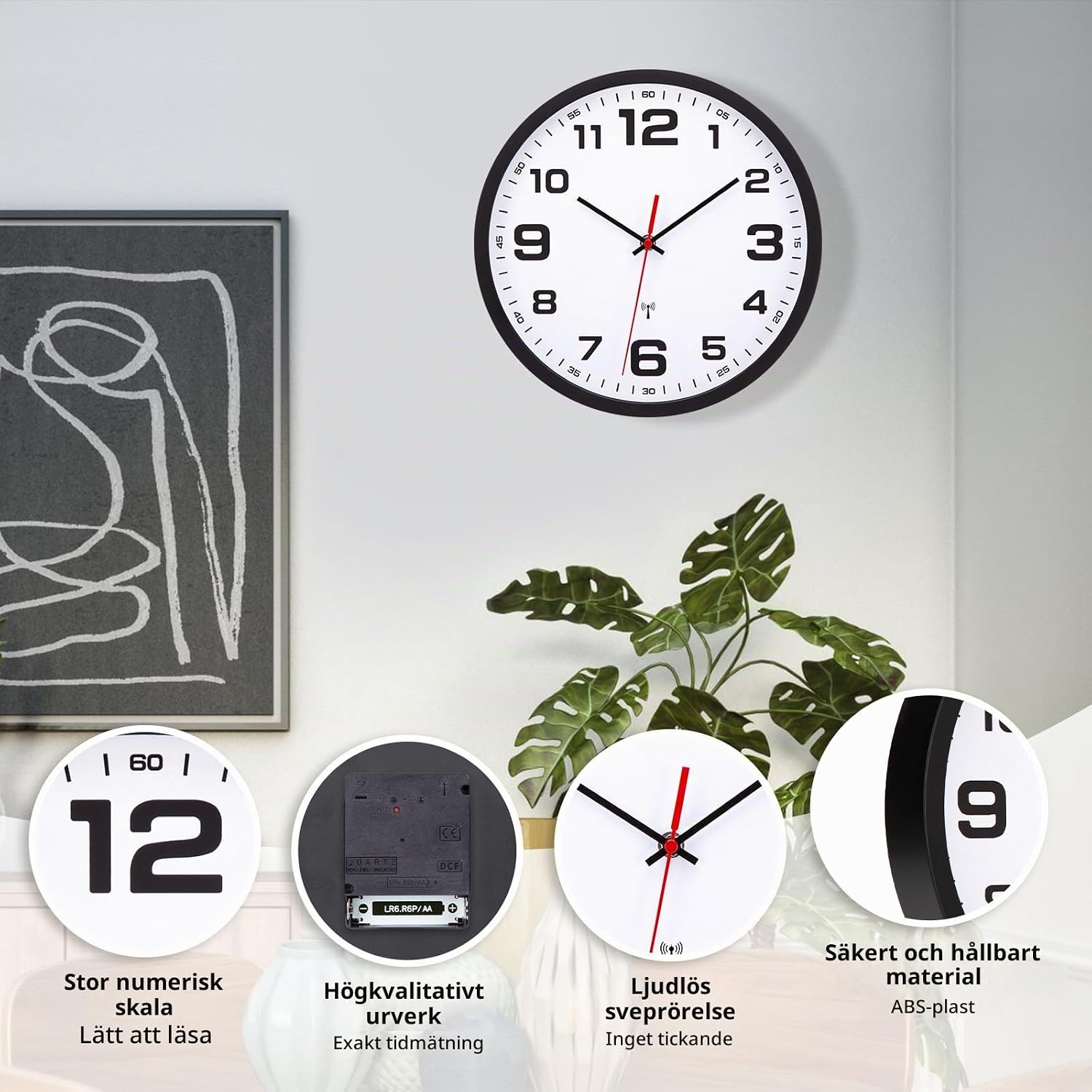 Detalle 2 de Warminn Horloge Murale Radio-pilotée radiostyrd väggklocka, 30 cm, tyst
