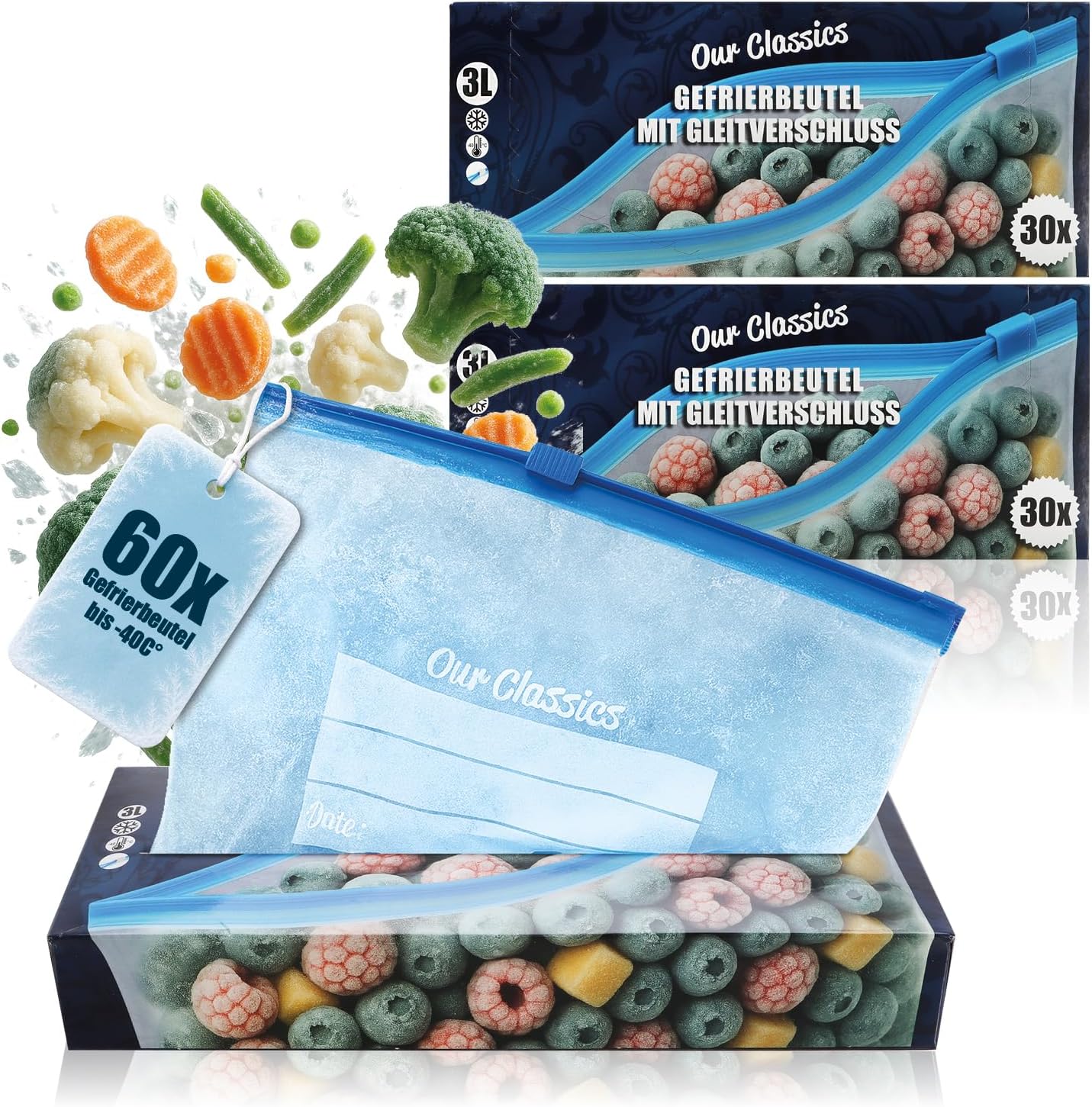 com-four® 60x Sacs congélation 3L avec fermeture – Pochettes réutilisables pour conservation des aliments