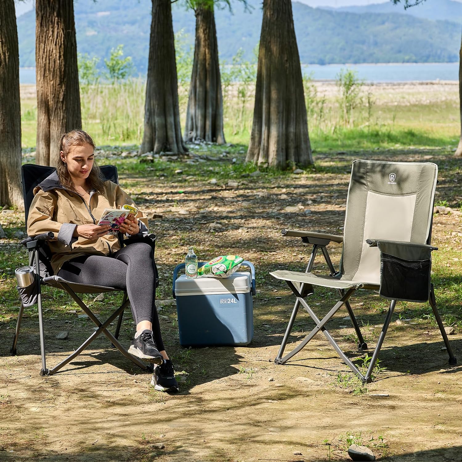 Detalle de EVER ADVANCED Luxury Camping Chair Folding Reclining Set of 2 (Green) with Cup Holder & 4-Position Back