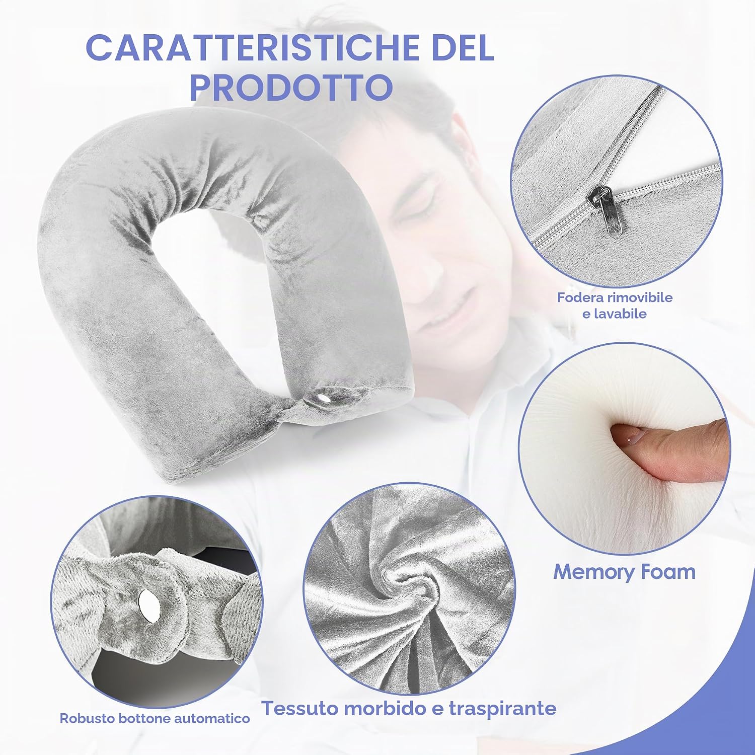 Detalle de BAVATEE Cuscino da Viaggio Memory Foam Regolabile – Comfort Cervicale per Aereo, Treno e Auto