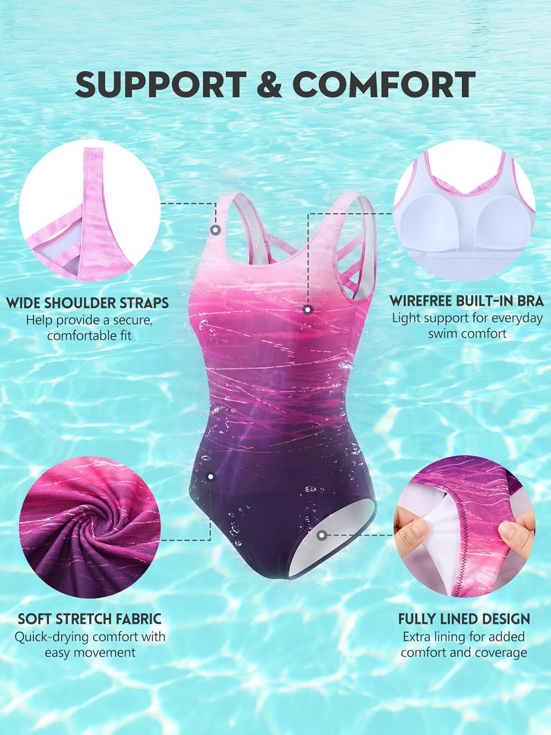 Detalle de American Trends Athletic One Piece Swimsuit for Women — Modest Criss Cross Back Water Aerobics Swimwear