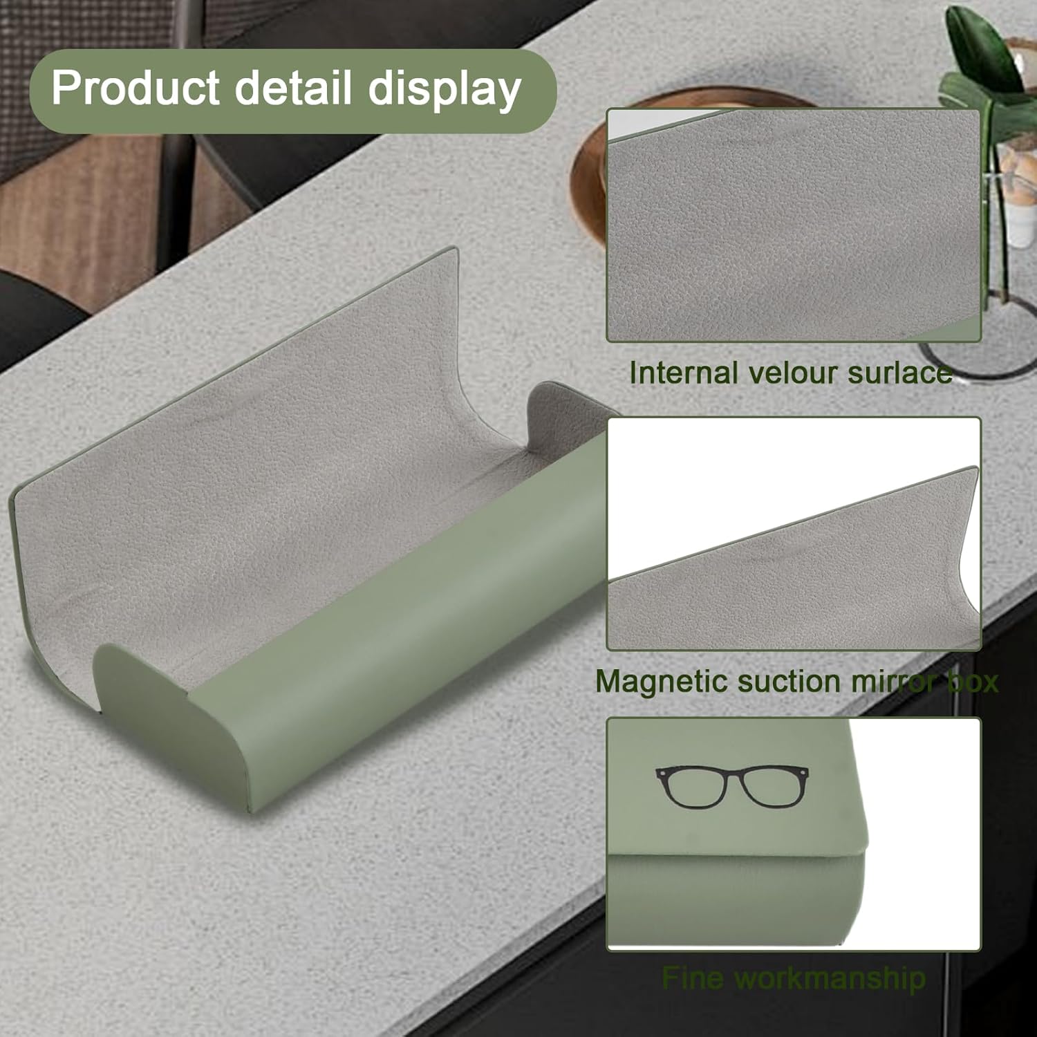 Detalle de Aohyue Étui Lunettes en Cuir PU Vert – Boîte à Lunette Magnétique Rigide