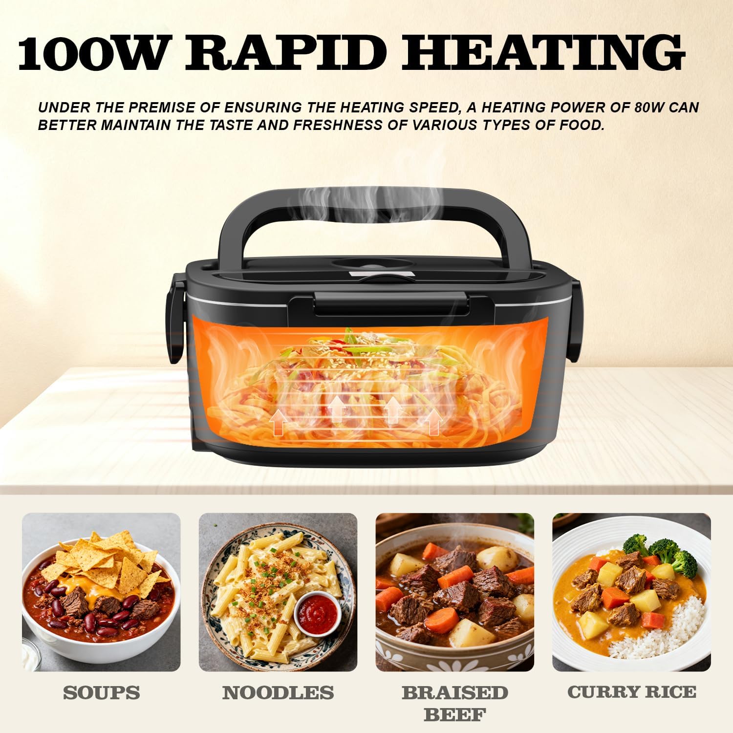 Detalle de Buddew Electric Heated Lunch Box: 80W Fast Heating, 1.5L Stainless Steel Duo, 110V/12V/24V Portable Warmer