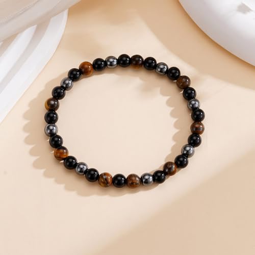 Detalle de ESPVO Schwarzer Turmalin Tigerauge Hämatit Armband – Naturstein Perlen, 18,5 cm