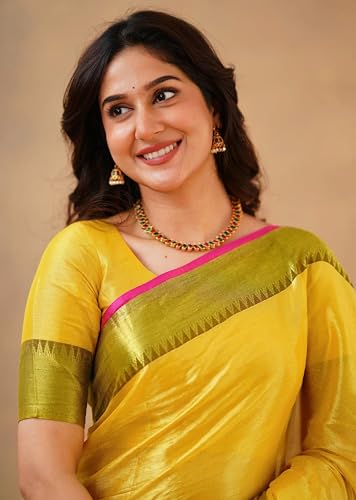 Detalle de TRENDMALLS K1142-Yellow Women's Tissue Cotton Handloom Saree