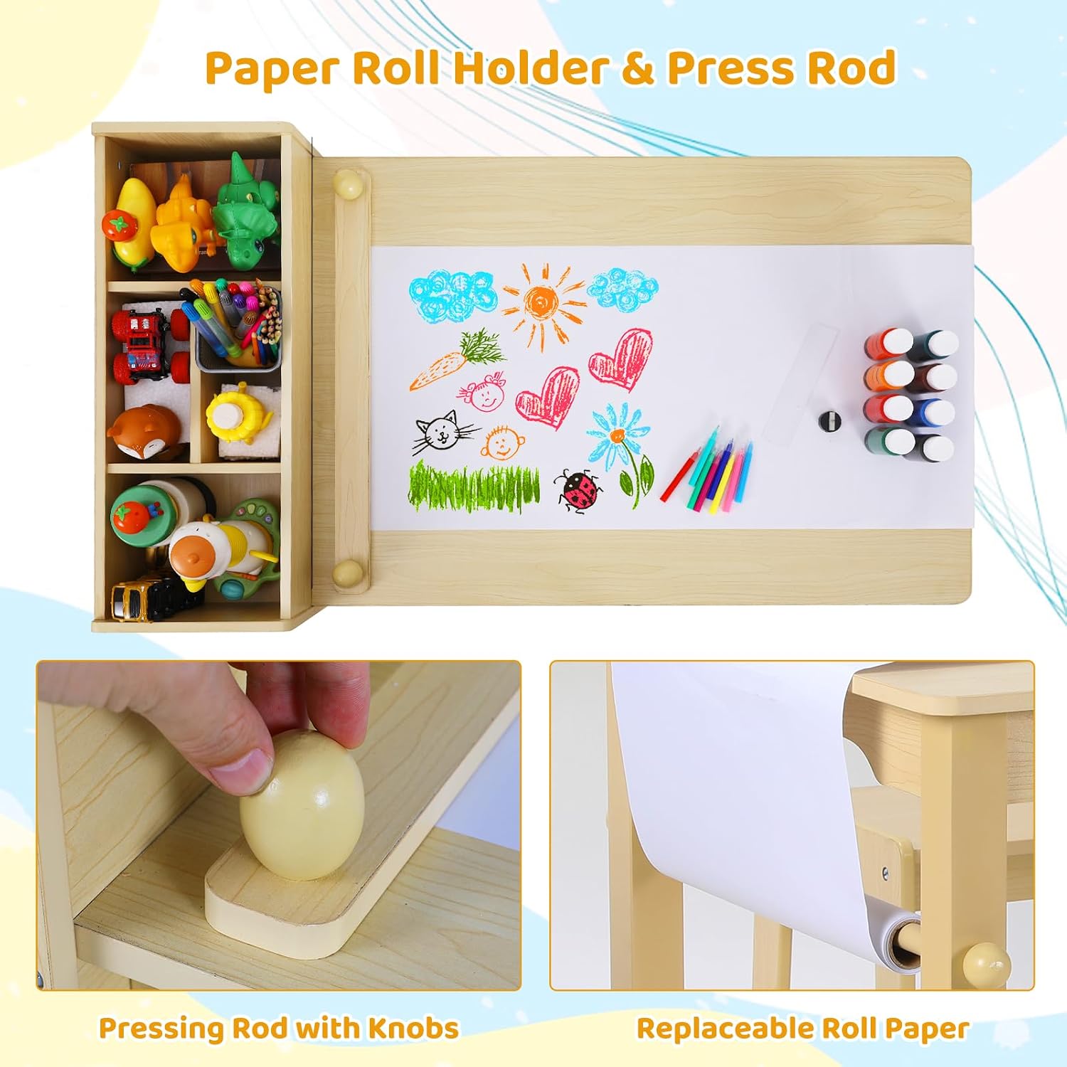 Detalle de Clevich Kids Table and Chairs: 2-in-1 Wooden Craft Desk with Paper Roll, Storage Boxes and Dual Chairs