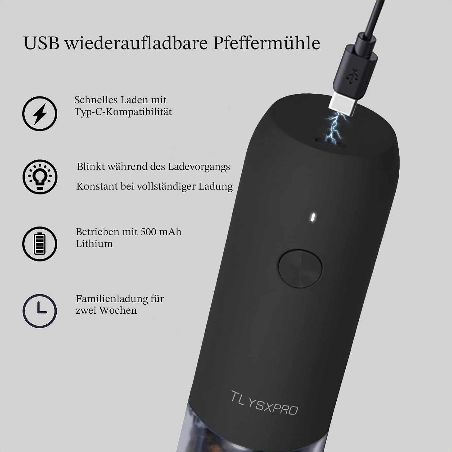 Thumbnail 4 de TLYSXPRO Elektrische Salz- und Pfeffermühle 2er-Set – USB wiederaufladbar, 6 Mahlgrade, LED-Licht
