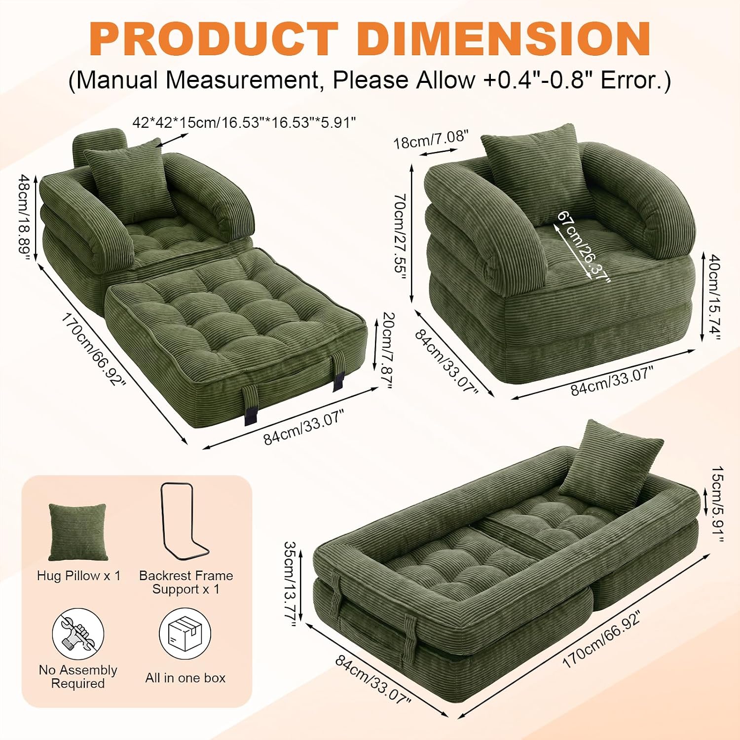 Detalle 2 de CUBIOU Y8022-Dark Green Convertible Sofa Bed, Corduroy 3-in-1 Floor Chair