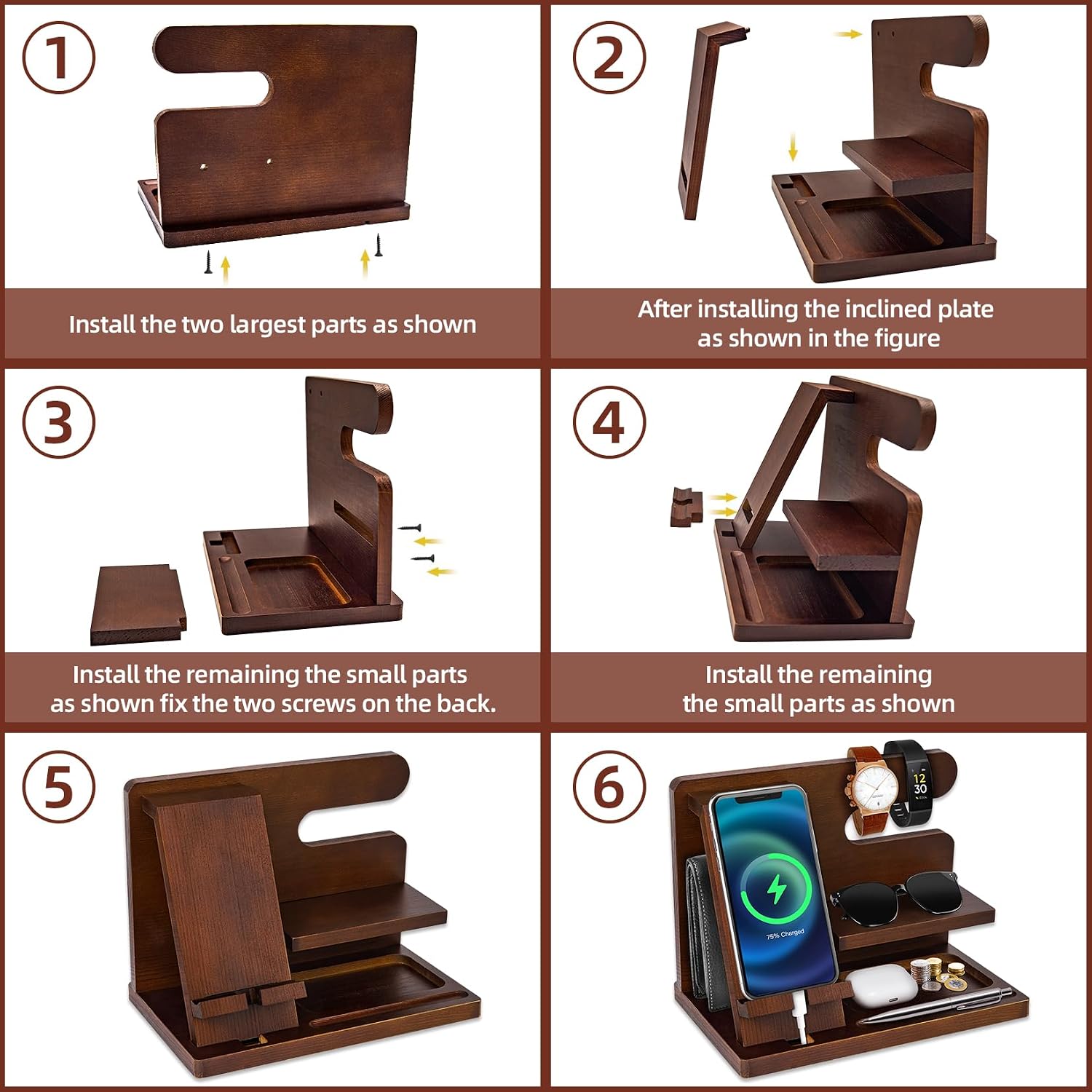 Thumbnail 3 de Hanari houten bureau-organizer met gsm-houder, 5 vakken, bruin