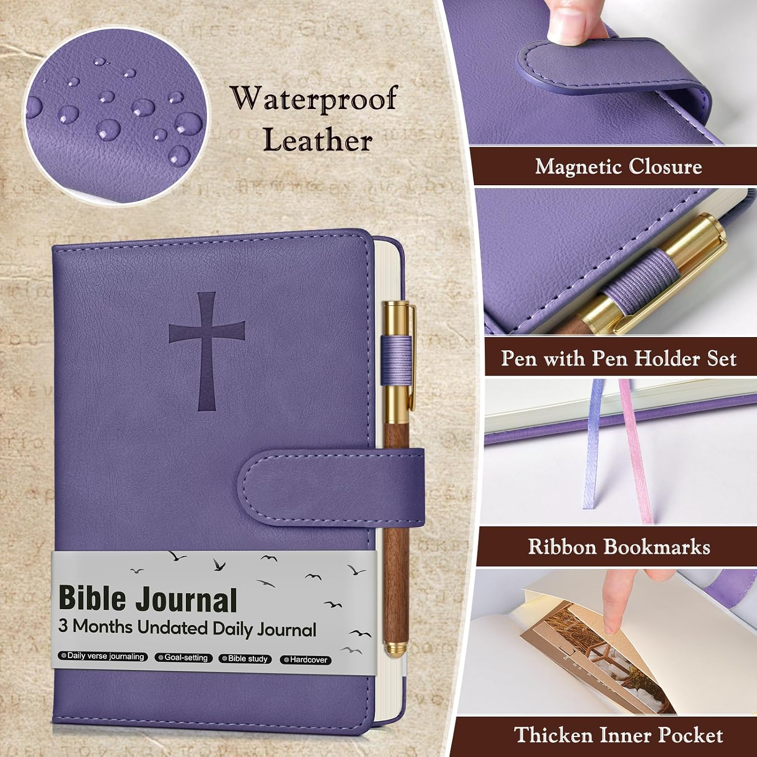 Detalle de PAPEJOON Bible Journal01 A5 Bible Study Journal, Lavender Leather Cover