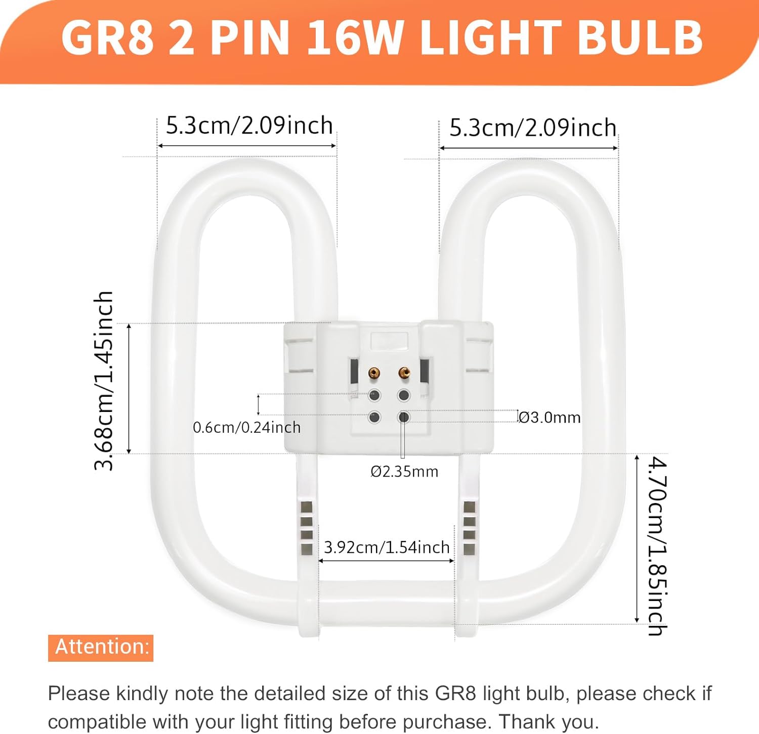 Thumbnail 6 de Akynite 16W 2D Square 2-Pin GR8 Cap Warm White CFL Lamp (3500K) – 230V, 950 lm, Non-Dimmable