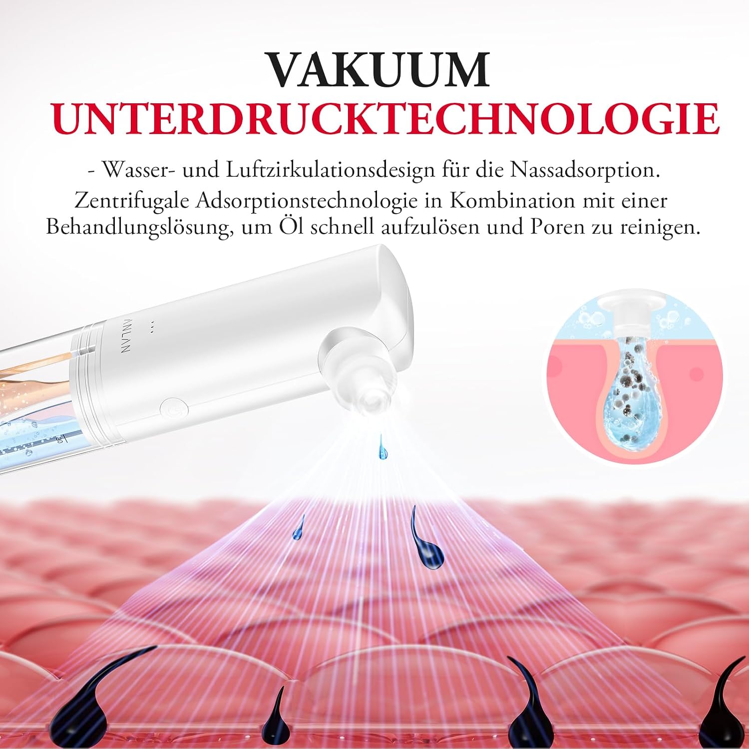 Detalle de ANLAN 2 in 1 Mitesserentferner Porenreiniger Gesicht – 3 Modi, 3 Saugköpfe, Wasser-Sauerstoff-Technologie