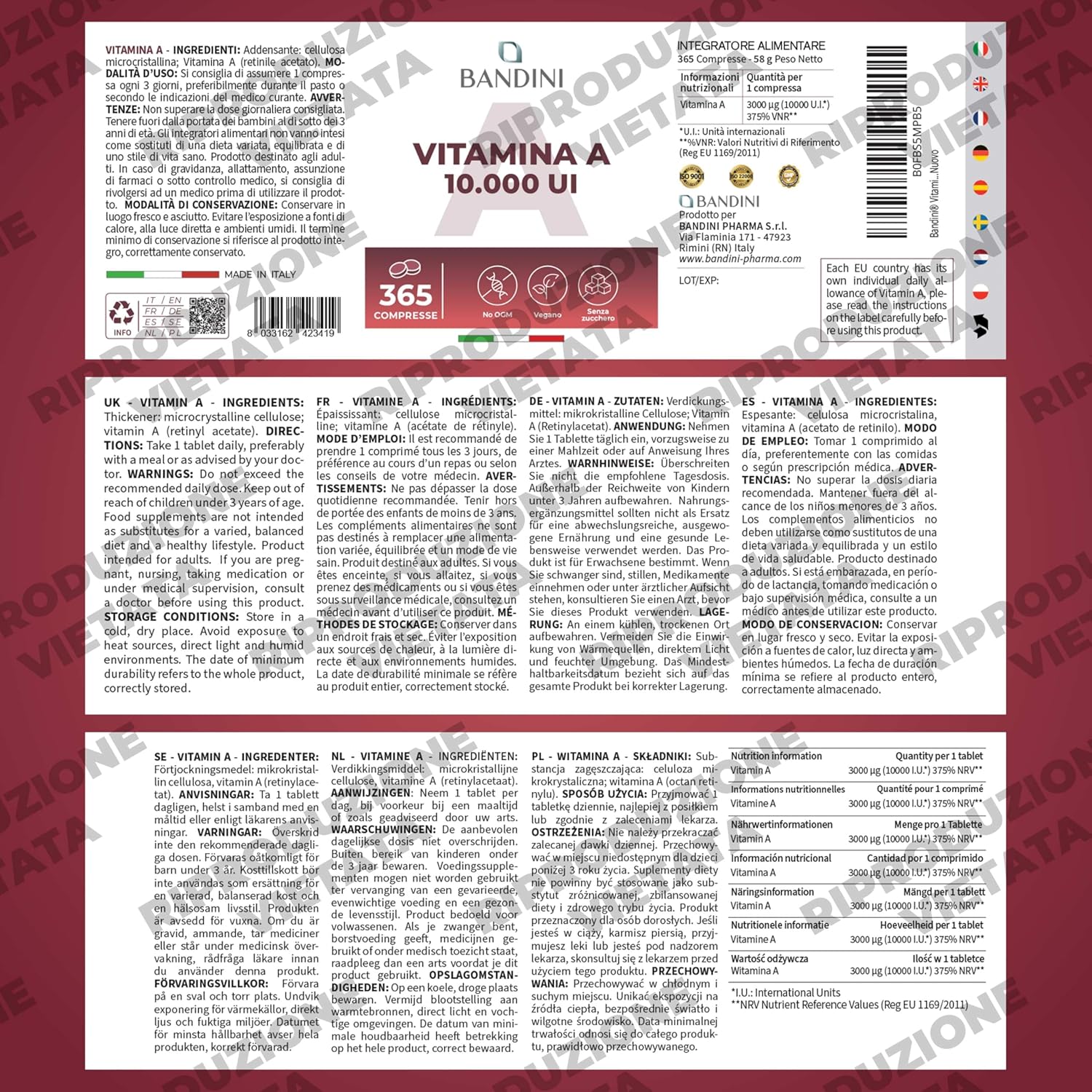 Detalle de Bandini Vitamina A Pura 365 microcompresse vegane (1+ anno) – acetato di retinile, alternativa alle gocce